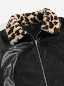 拼接豹紋拼塊拉鏈開襟PU皮革夾克 - 黑色 - 查看 5