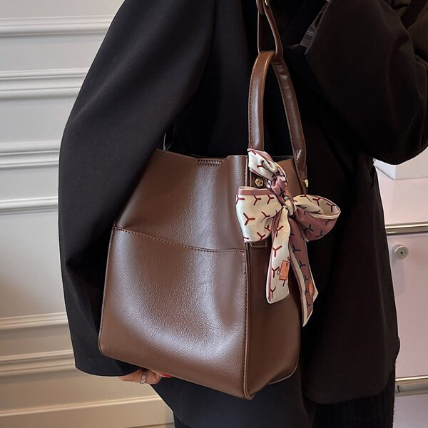

Twilly Scarf Decor Bucket Bag, Coffee brown