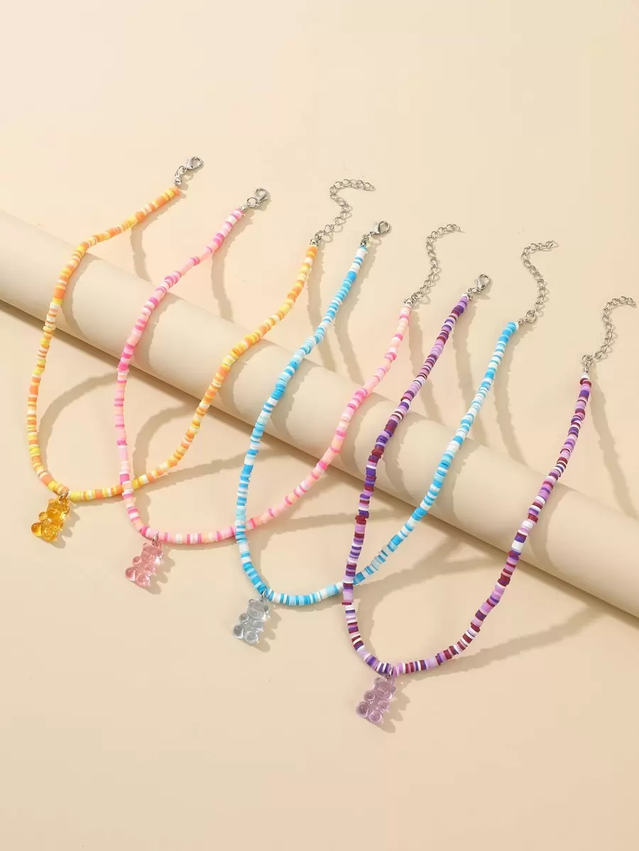 4pcs Bear Pendant Necklace - Multicolor - View 1