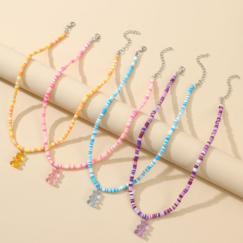 

4pcs Bear Decor Soft Clay Beaded Necklace, Multicolor