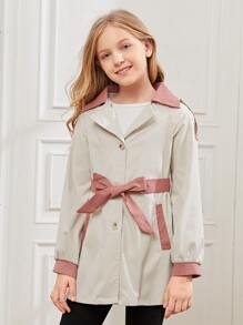 SHEIN Girls Contrast Trim Raglan Sleeve Belted Coat - Beige - View 1