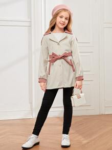 SHEIN Girls Contrast Trim Raglan Sleeve Belted Coat - Beige - View 3