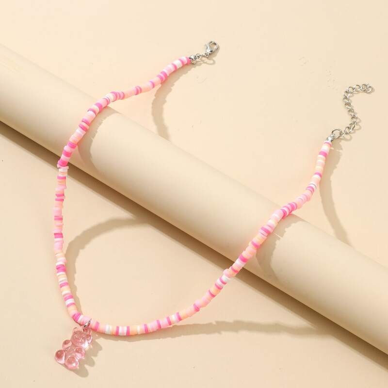 

Bear Decor Soft Clay Beaded Necklace, Pink