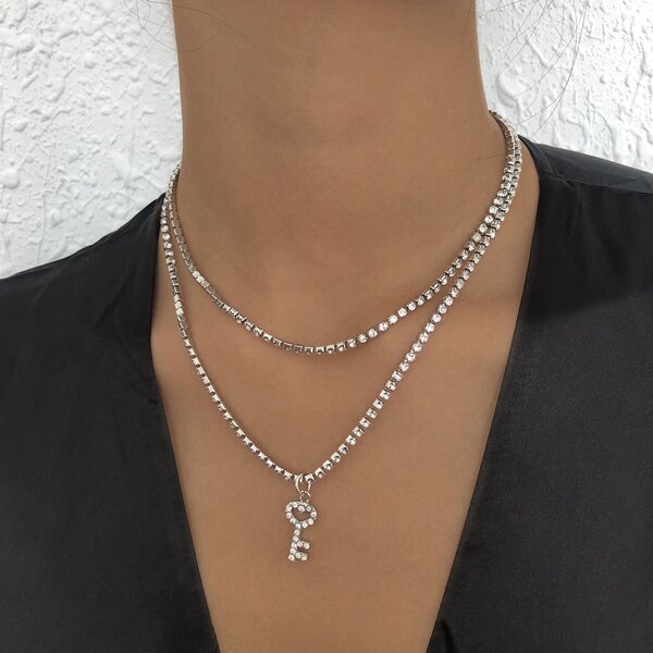 

Rhinestone Key Charm Layered Necklace, Silver