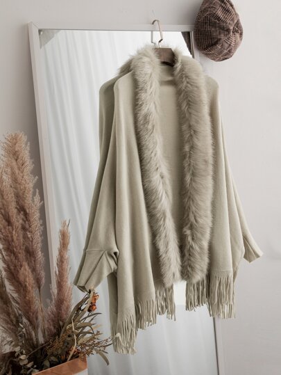 Fuzzy Trim Fringe Hem Cardigan