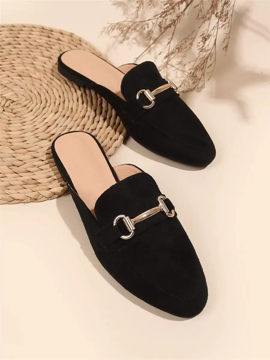 2025 Autumn Minimalist Metal Decor Mules, Black Solid Metal Mules With Kitten Heels