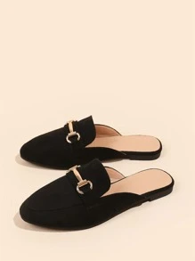 2025 Autumn Minimalist Metal Decor Mules, Black Solid Metal Mules With Kitten Heels - Black - View 3