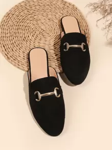 2025 Autumn Minimalist Metal Decor Mules, Black Solid Metal Mules With Kitten Heels - Black - View 6