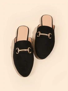 2025 Autumn Minimalist Metal Decor Mules, Black Solid Metal Mules With Kitten Heels - Black - View 7