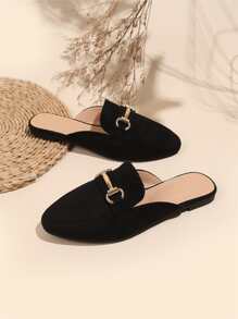 2025 Autumn Minimalist Metal Decor Mules, Black Solid Metal Mules With Kitten Heels - Black - View 8