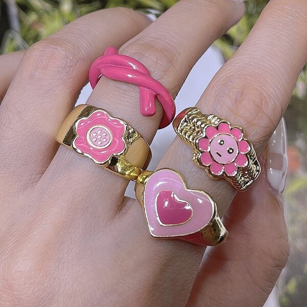 

4pcs Heart Decor Ring, Pink