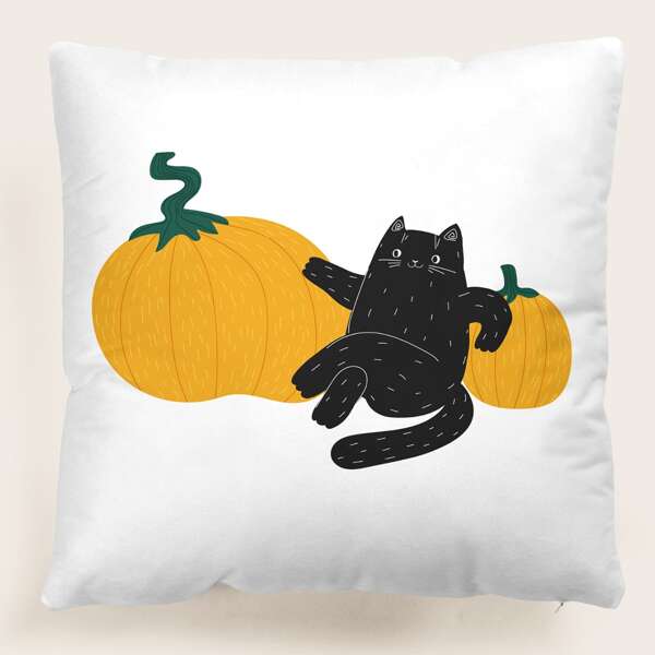 

Cat & Pumpkin Print Cushion Cover Without Filler, Multicolor