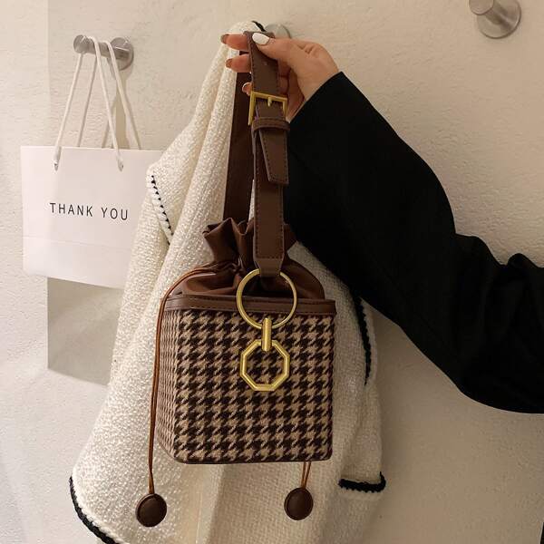 

Buckle Decor Flap Saddle Bag, Coffee brown