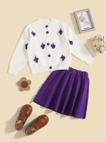 小女童葡萄貼花開襟衫和針織百褶半身裙 - 彩色 - 查看 1