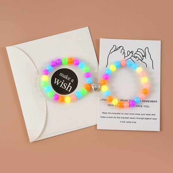 

2pcs Couple Luminous Color Block Beaded Bracelet, Multicolor