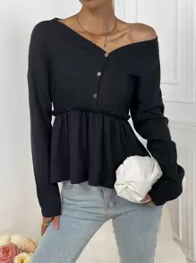 SHEIN LUNE Áo thun nữ Nút viền lá sen Viên lá sen màu trơn Giải trí - màu đen - Xem 1