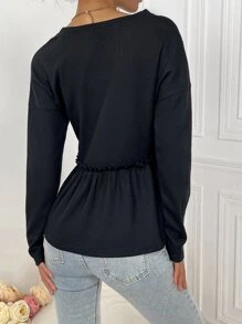 SHEIN LUNE Áo thun nữ Nút viền lá sen Viên lá sen màu trơn Giải trí - màu đen - Xem 2