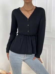 SHEIN LUNE Áo thun nữ Nút viền lá sen Viên lá sen màu trơn Giải trí - màu đen - Xem 3