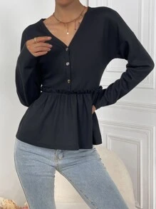 SHEIN LUNE Áo thun nữ Nút viền lá sen Viên lá sen màu trơn Giải trí - màu đen - Xem 4