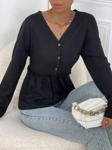 SHEIN LUNE Áo thun nữ Nút viền lá sen Viên lá sen màu trơn Giải trí - màu đen - Xem 5