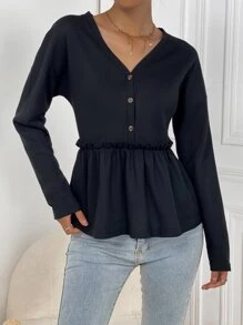 SHEIN LUNE Áo thun nữ Nút viền lá sen Viên lá sen màu trơn Giải trí - màu đen - Xem 6