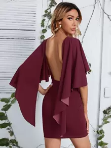SHEIN 後開式不對稱斗篷袖連衣裙 - 酒紅色 - 查看 1