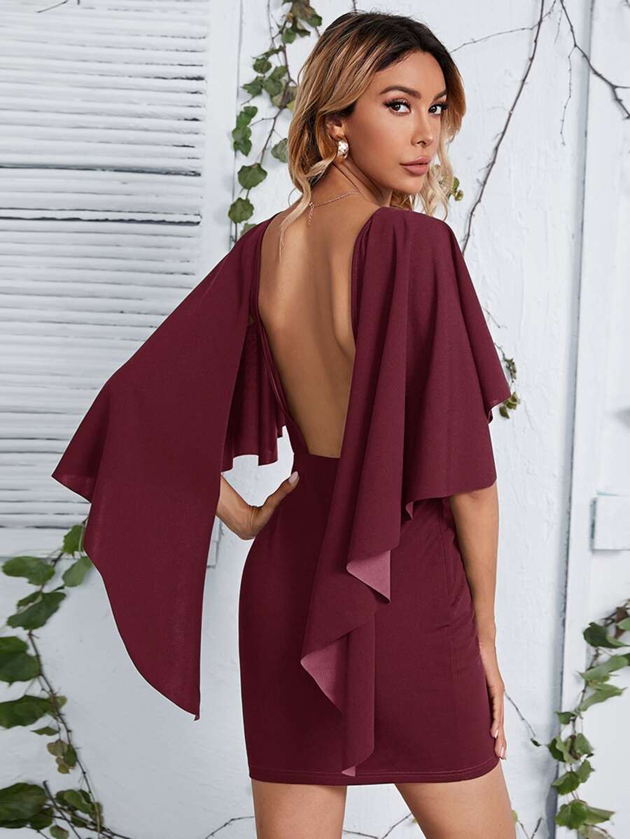 SHEIN 後開式不對稱斗篷袖連衣裙 - 酒紅色 - 查看 1