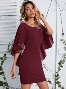 SHEIN 後開式不對稱斗篷袖連衣裙 - 酒紅色 - 查看 2