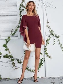 SHEIN 後開式不對稱斗篷袖連衣裙 - 酒紅色 - 查看 3