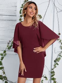 SHEIN 後開式不對稱斗篷袖連衣裙 - 酒紅色 - 查看 4