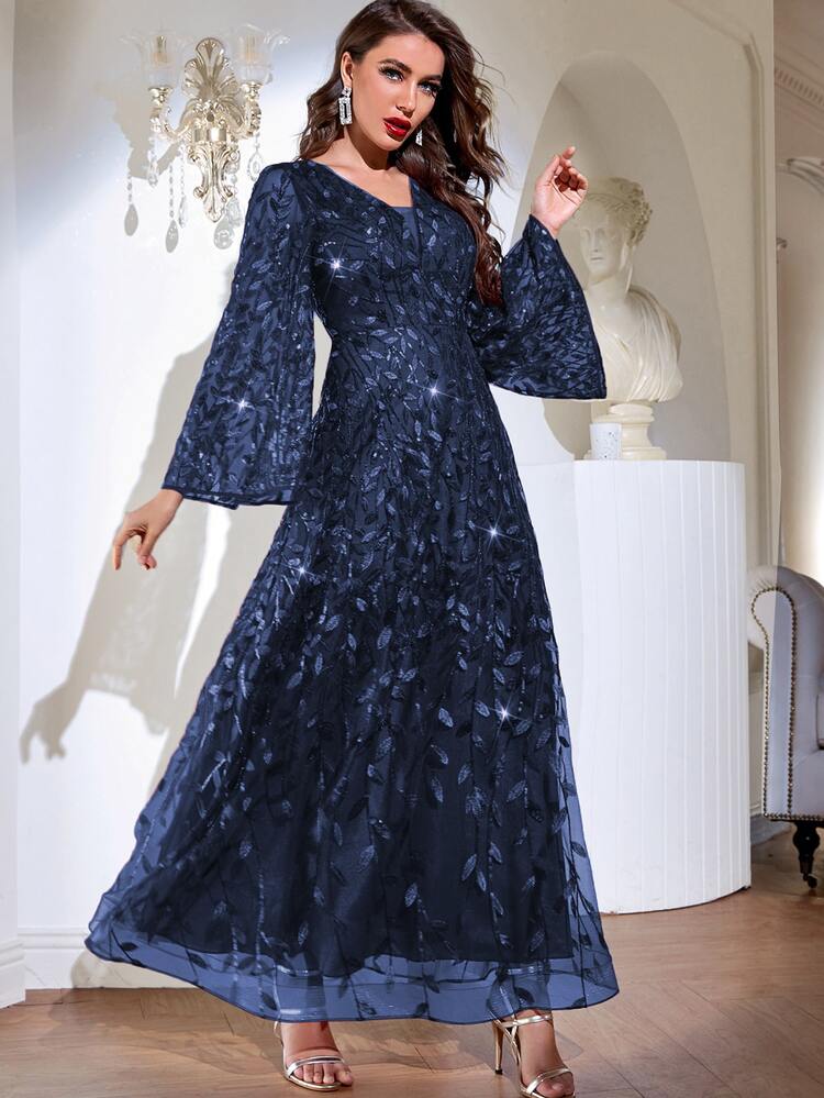 Embroidered-Mesh Overlay Sequin A-line Dress | SHEIN USA