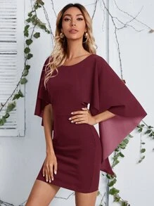 SHEIN 後開式不對稱斗篷袖連衣裙 - 酒紅色 - 查看 5