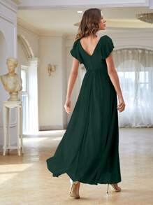 Solid Ruched High Waist Chiffon Bridesmaid Dress - Dark Green - View 3