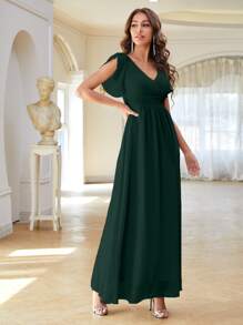 Solid Ruched High Waist Chiffon Bridesmaid Dress - Dark Green - View 5