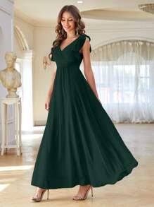 Solid Ruched High Waist Chiffon Bridesmaid Dress - Dark Green - View 6