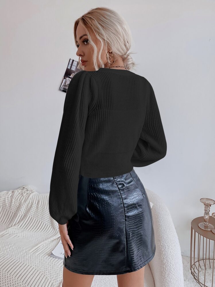 Button Front Bishop Sleeve Cardigan - Black - View 2