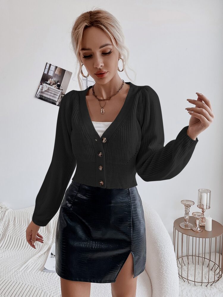 Button Front Bishop Sleeve Cardigan - Black - View 3
