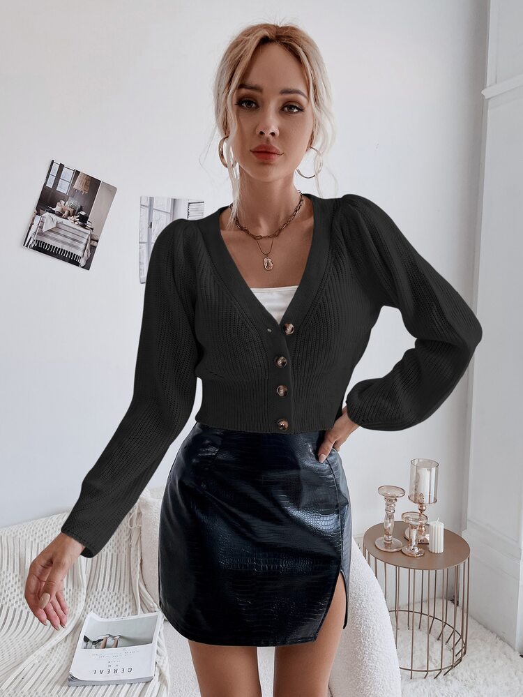 Button Front Bishop Sleeve Cardigan - Black - View 4