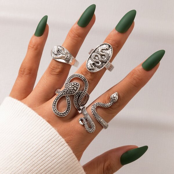 

4pcs Snake Decor Ring, Silver