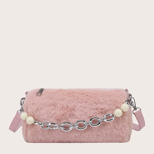 

Girls Chain Decor Fluffy Satchel Bag, Pink