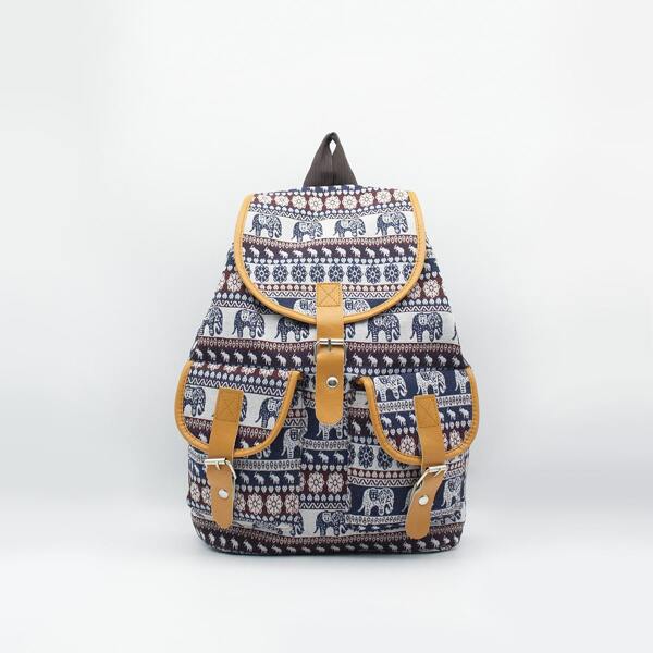 

Floral & Animal Pattern Buckle Decor Flap Backpack, Multicolor