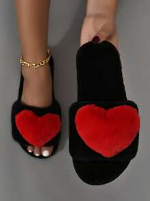 秋冬爱心装饰家居拖鞋，女士室内简约风保暖人造毛皮材质红色爱心装饰家居拖鞋，交叉绑带设计，露趾平底黑色拖鞋，圣诞节，毛绒拖鞋 - 黑色 - 查看 1