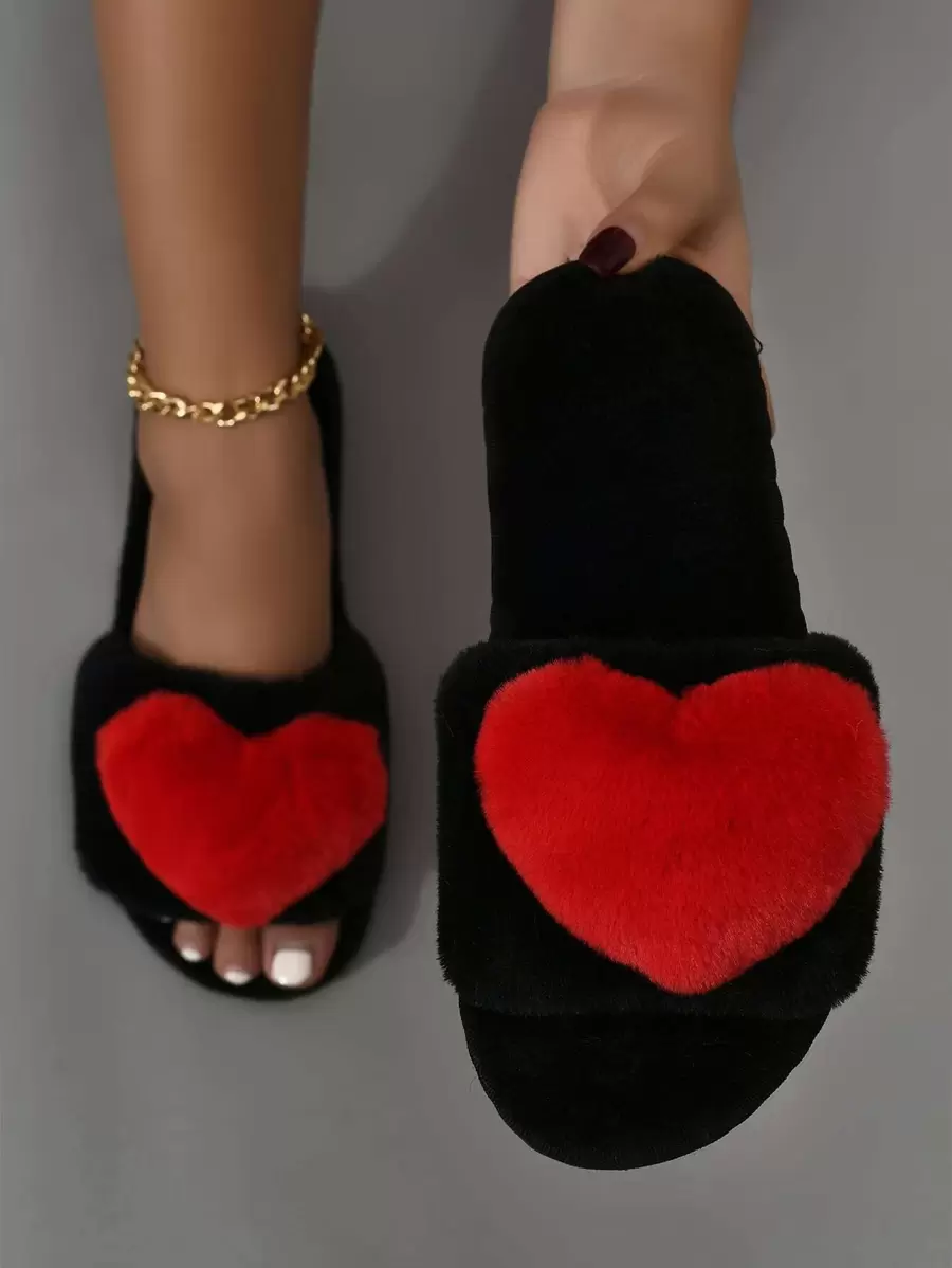 秋冬爱心装饰家居拖鞋，女士室内简约风保暖人造毛皮材质红色爱心装饰家居拖鞋，交叉绑带设计，露趾平底黑色拖鞋，圣诞节，毛绒拖鞋 - 黑色 - 查看 1