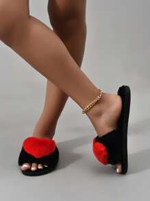 秋冬爱心装饰家居拖鞋，女士室内简约风保暖人造毛皮材质红色爱心装饰家居拖鞋，交叉绑带设计，露趾平底黑色拖鞋，圣诞节，毛绒拖鞋 - 黑色 - 查看 3