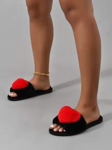 秋冬爱心装饰家居拖鞋，女士室内简约风保暖人造毛皮材质红色爱心装饰家居拖鞋，交叉绑带设计，露趾平底黑色拖鞋，圣诞节，毛绒拖鞋 - 黑色 - 查看 4