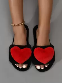 秋冬爱心装饰家居拖鞋，女士室内简约风保暖人造毛皮材质红色爱心装饰家居拖鞋，交叉绑带设计，露趾平底黑色拖鞋，圣诞节，毛绒拖鞋 - 黑色 - 查看 5