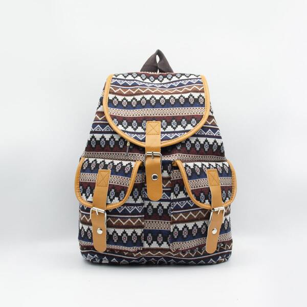 

Geometric Pattern Buckle Decor Flap Backpack, Multicolor