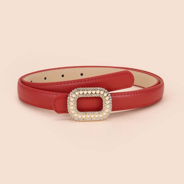 

Faux Pearl Decor Buckle Belt With Punch Tool, Red