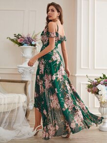 Cold Shoulder High Low Hem Allover Floral Dress - Multicolor - View 2