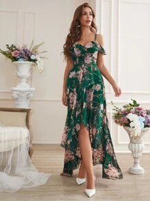 Cold Shoulder High Low Hem Allover Floral Dress - Multicolor - View 4